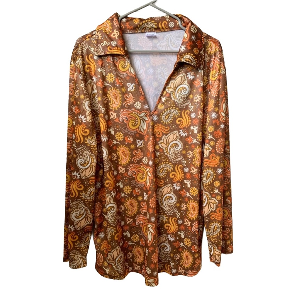 SPIRIT Women’s Brown Gold Orange Paisley Print Long Sleeve V-neck Collar Blouse